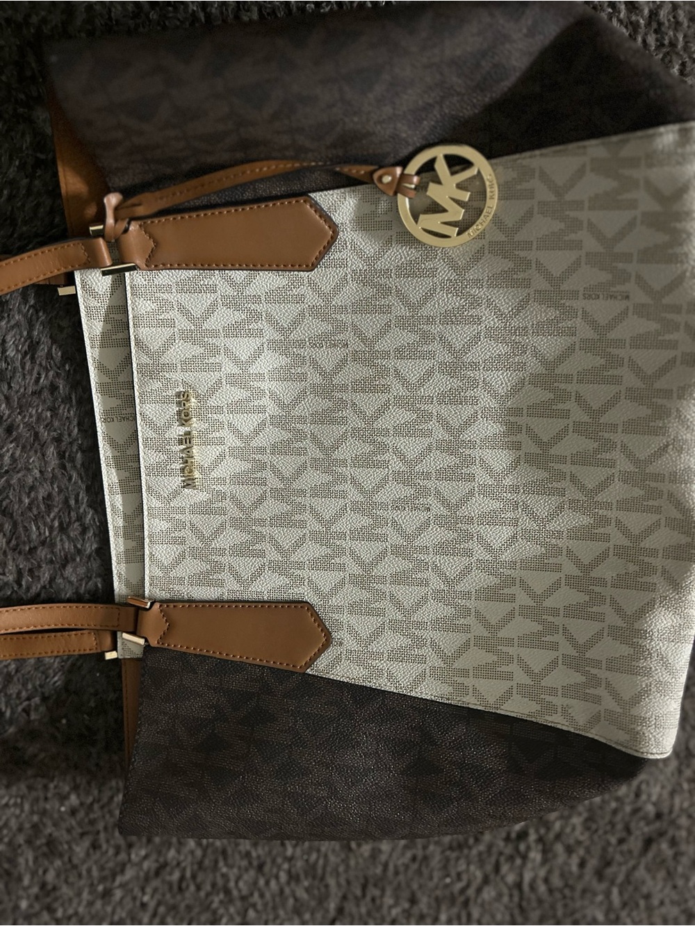Michael Kors Cream and Brown Signature Tote with Tan Trim